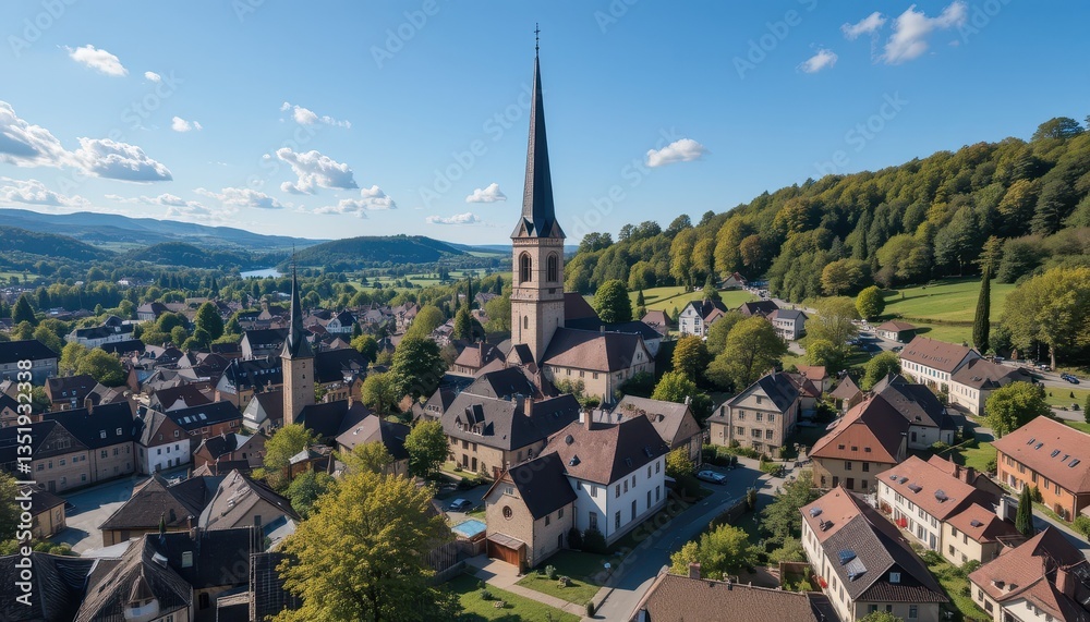 Obraz premium Aerial view of historic village with church tower germany drone photography scenic landscape