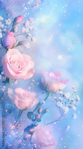 Floral Arrangement with Pink Roses and White Baby's Breath on Blue