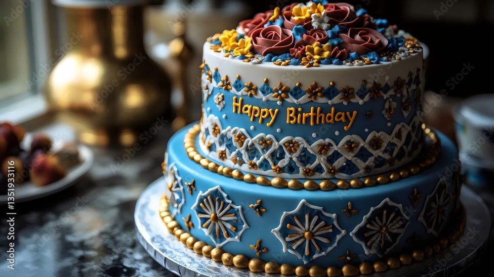 A cake with a blue and gold design and the words Happy Birthday written on it A cake with a blue and gold design and the words Happy Birthday written on it