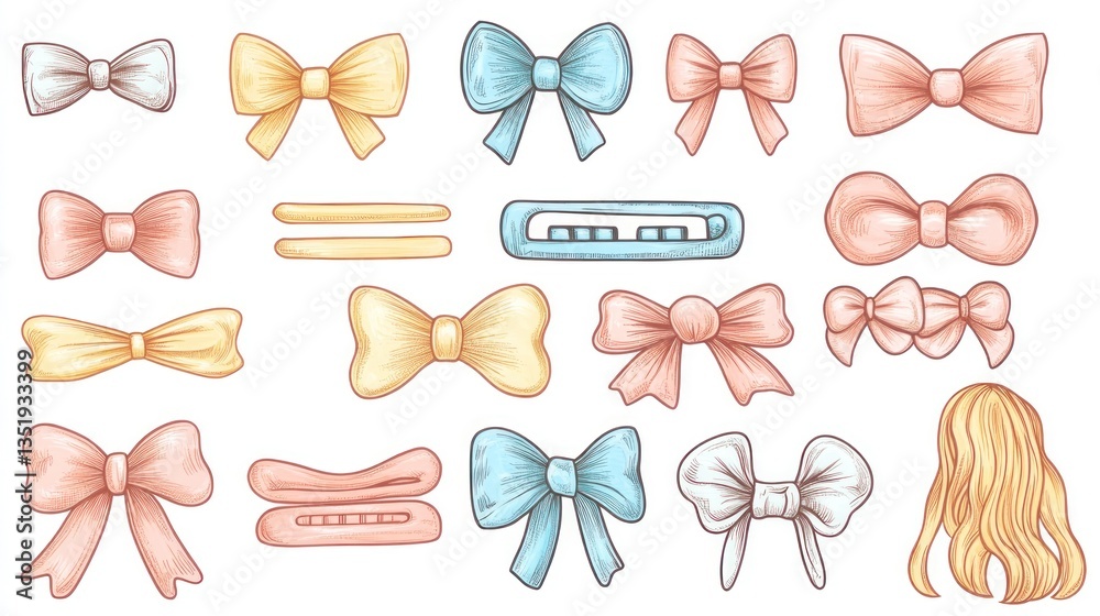 Fototapeta premium Pastel bows and hair clips; hair accessories collection; craft design; white background; various styles