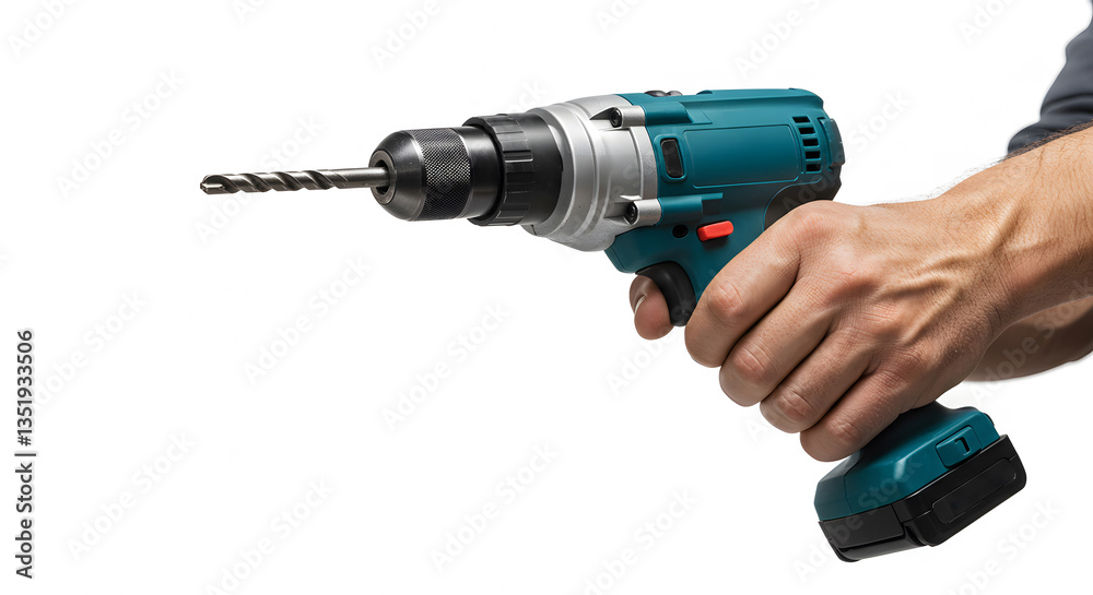 A hand holding a teal and silver cordless drill with a drill bit on a white background close up shot A hand holding a teal and silver cordless drill with a drill bit on a white background close up shot