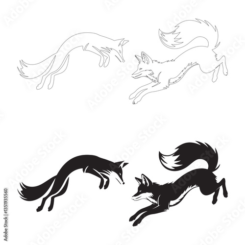 Jumping Fox in Motion Silhouettes. Fully editable Flat and Outline. 