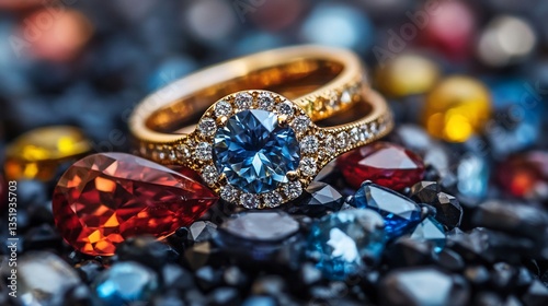 Close-up showcasing gold rings and vibrant precious gemstones on textured surface