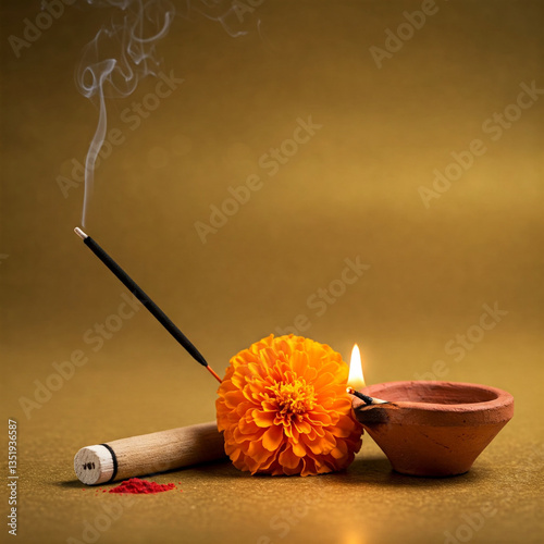 The scene depicted a demonstration of a simple ritual: an agarbati stick burning softly next to a marigold flower and an earthen pot.