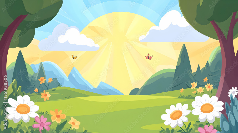 Naklejka premium Sunny morning meadow landscape with flowers, mountains, and butterflies; ideal for children's books, websites, or presentations
