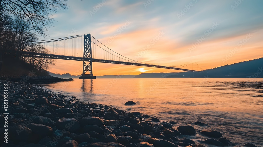 Obraz premium Sunrise over suspension bridge, rocky shore, calm water, misty hills. Scenic travel photography for tourism websites