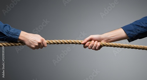 Two hands pulling a thick rope in opposite directions against a gray gradient background studio shot