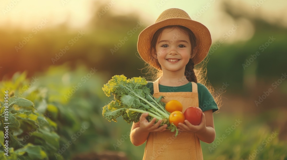 Fototapeta premium Happy girl in straw hat holding fresh organic vegetables including tomatoes and peppers in a sunny garden during harvest season with green plants around