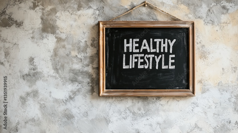 Fototapeta premium A framed chalkboard, hanging on a textured, light gray-white stucco wall, displays the words HEALTHY LIFESTYLE
