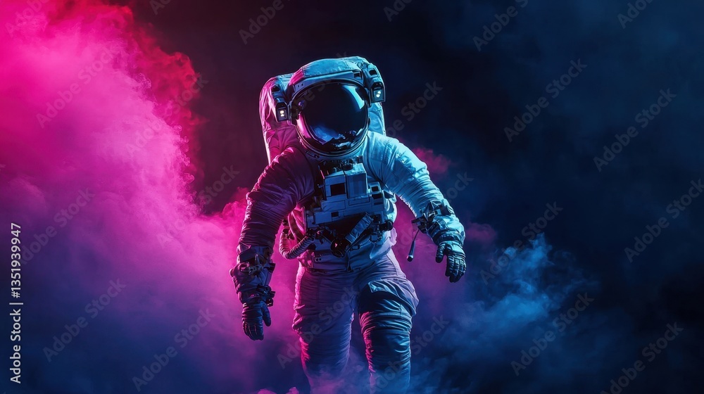 Fototapeta premium Astronaut in Dramatic Neon Smoke in Space, Colorful Light Effects, Futuristic Exploration, Adventure, Outer Space Journey, Cosmic Experience