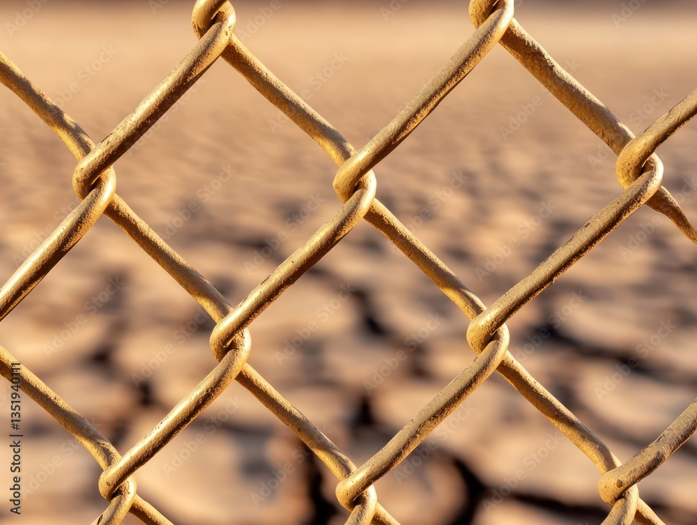 Close-up of a golden chain-link fence against a desert landscape, with dry, cracked earth in the background Close-up of a golden chain-link fence against a desert landscape, with dry, cracked earth in the background