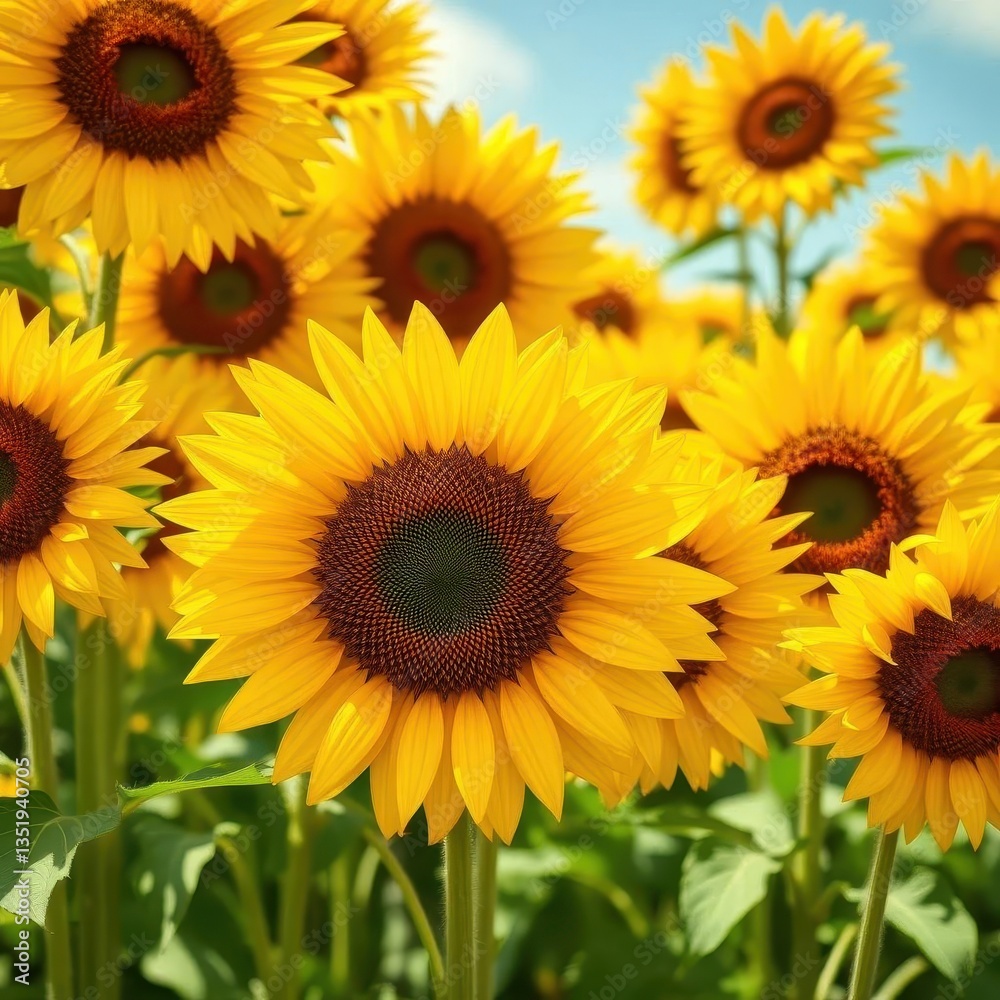 Vibrant yellow sunflowers fill the frame, creating a sunny, cheerful backdrop, detail, bloom Vibrant yellow sunflowers fill the frame, creating a sunny, cheerful backdrop, detail, bloom