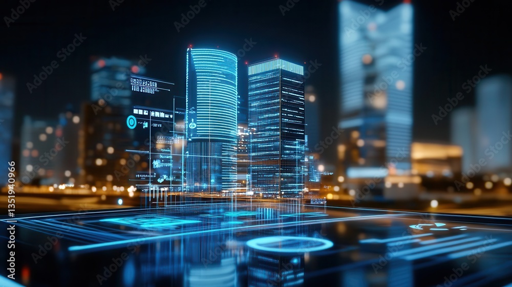 Futuristic city skyline with digital interface and glowing skyscrapers. Futuristic city skyline with digital interface and glowing skyscrapers.