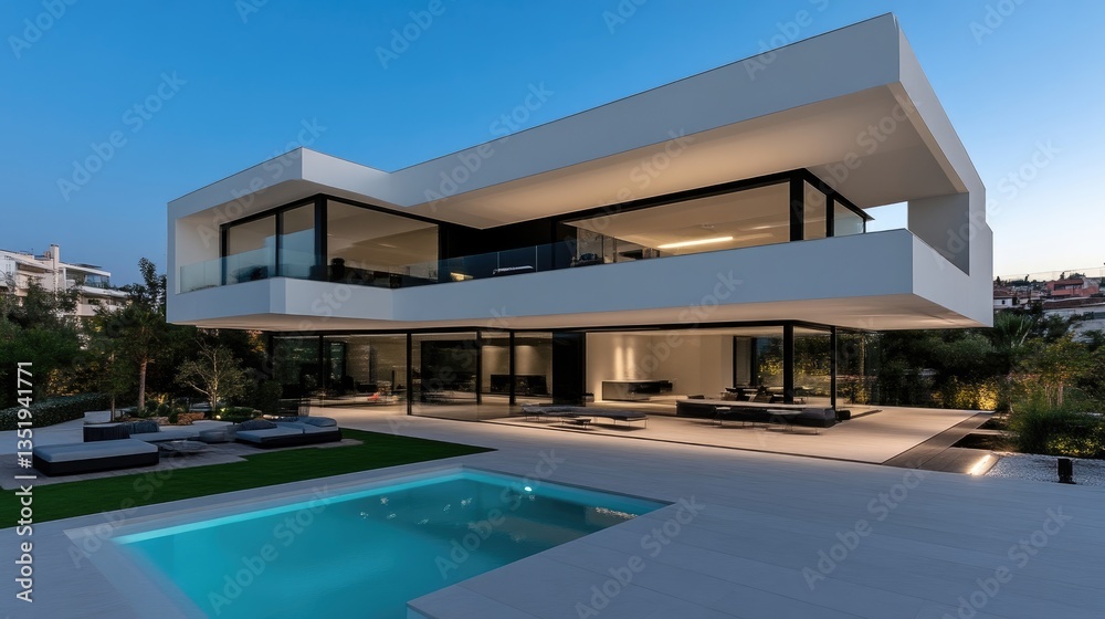 Fototapeta premium Modern, minimalist villa with a stunning infinity pool. Spacious, contemporary architecture