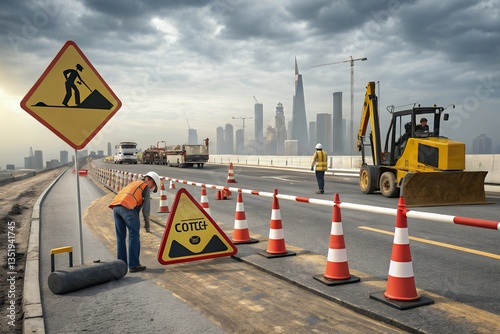 A diligent worker meticulously prepares a city roadway under a dramatic sky, amidst a bustling construction zone and towering cityscape, marked by bright safety cones and heavy machinery.
