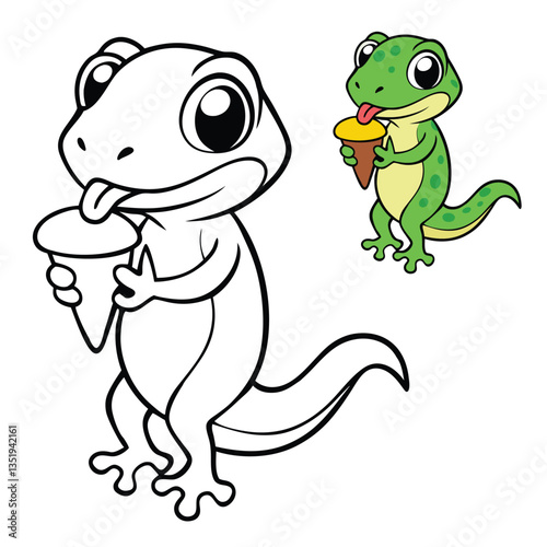 A cute gecko happily licking a melting ice cream cone, its tiny tongue reaching out as it enjoys the sweet treat. A fun and playful scene full of charm!