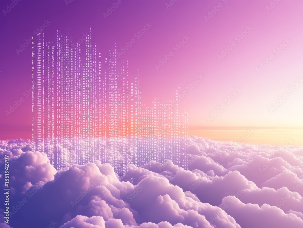 Digital magenta and white binary data flows in the clear sky above a serene landscape of fluffy, radiant clouds