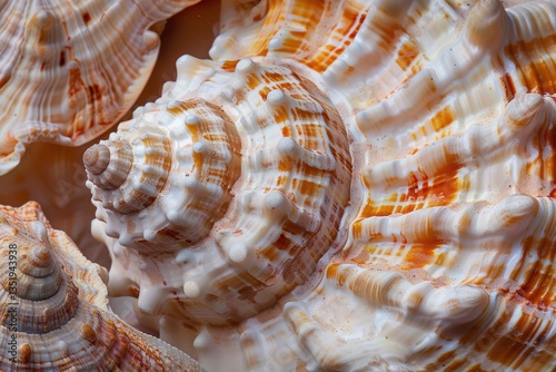 Close-up of intricate spiral seashells in warm earthy tones.