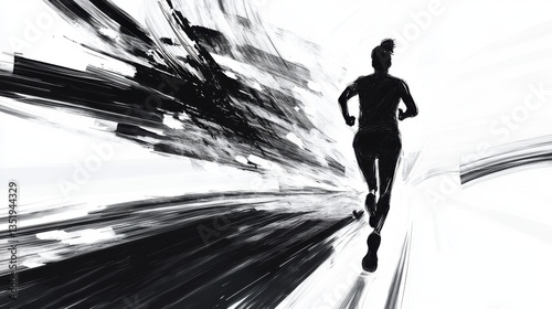 Powerful ink drawing of a person sprinting while participating in an online coaching class, with motion blur and intense action lines photo