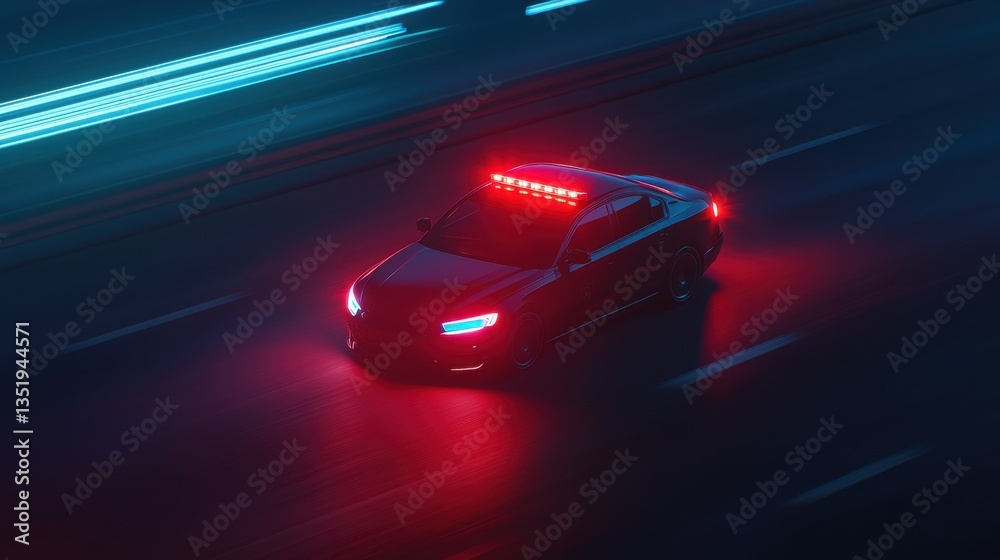 Fototapeta premium Police Car with Flashing Lights Racing Down a Dark Road at Night, Capturing Movement and Urgency in Urban Environment