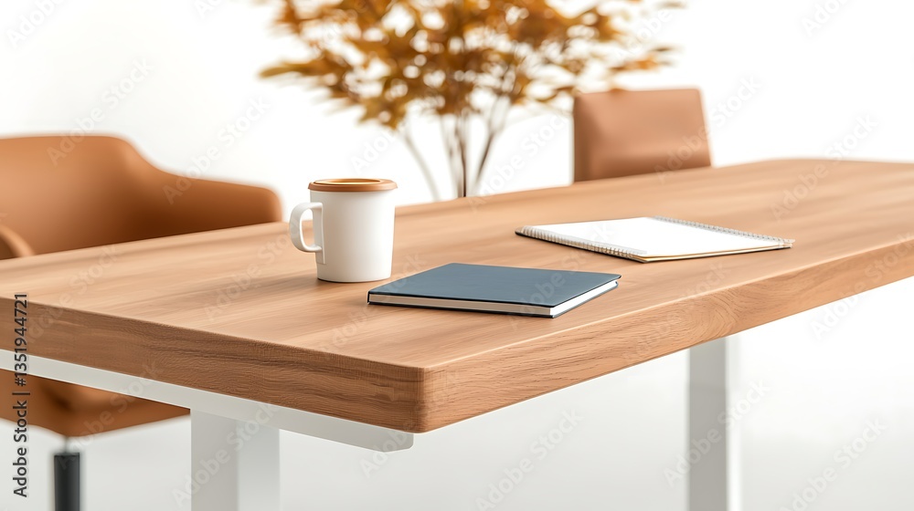 Wooden desk with a coffee mug, notebooks, and a chair Wooden desk with a coffee mug, notebooks, and a chair