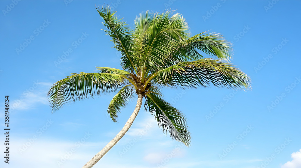 Tropical palm tree swaying gently in a clear blue sky,  perfect for travel or vacation brochures