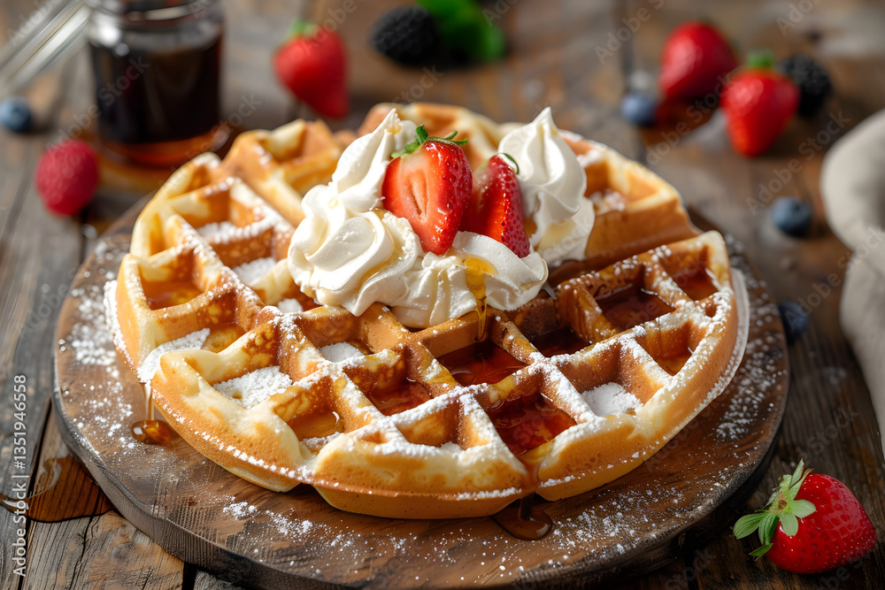 Golden-Brown Waffle with Whipped Cream, Fresh Strawberries, and Maple Syrup on Rustic Wooden Table Golden-Brown Waffle with Whipped Cream, Fresh Strawberries, and Maple Syrup on Rustic Wooden Table