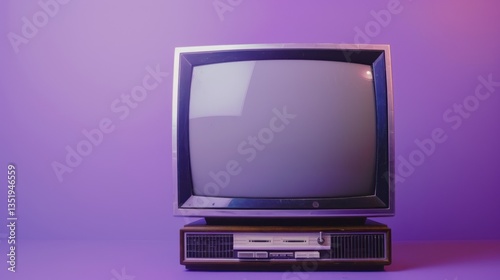 An old TV with a blank screen on a vibrant purple background, providing ample copy space.