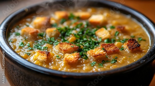 A bowl of soup with toasted bread crumbs on top