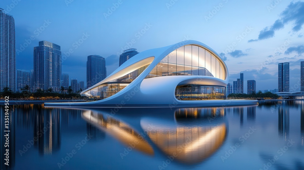 Fototapeta premium Modern futuristic building with sleek design reflecting in water.