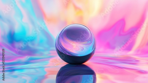 A reflective sphere with swirling colors sits on a surface
