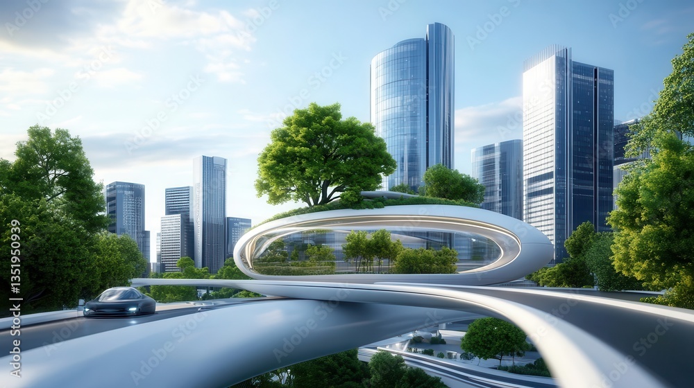 Fototapeta premium Futuristic city with green spaces and modern architecture.
