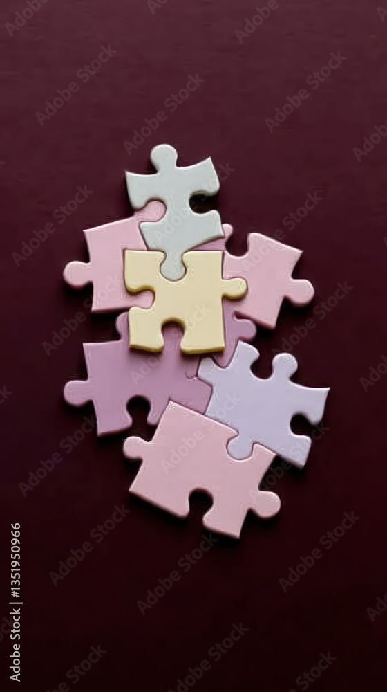 Fototapeta premium Puzzle pieces in a mix of soft colors like pastel pink, lavender, and pale yellow, fitting together on a rich, dark maroon background