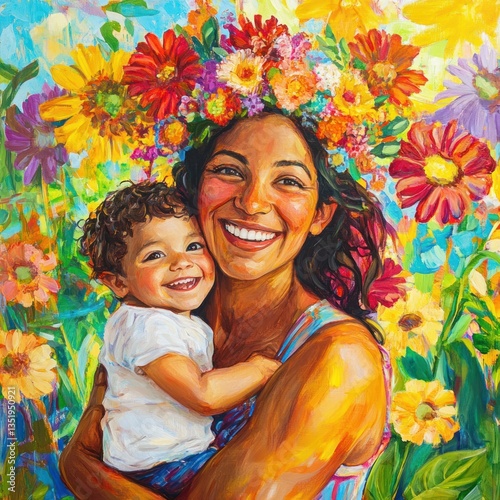 Joyful mother and child portrait surrounded by vibrant flowers in a sunny garden.
