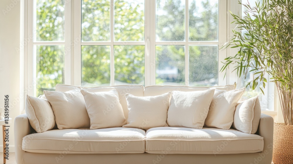 Bright, airy living room with a cream couch and large window