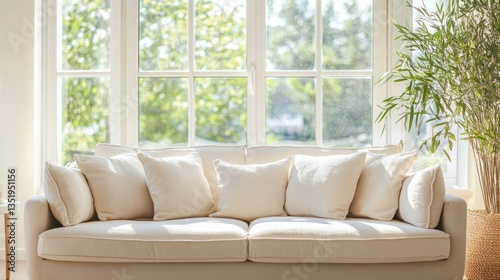 Obraz na płótnie Bright, airy living room with a cream couch and large window w salonie