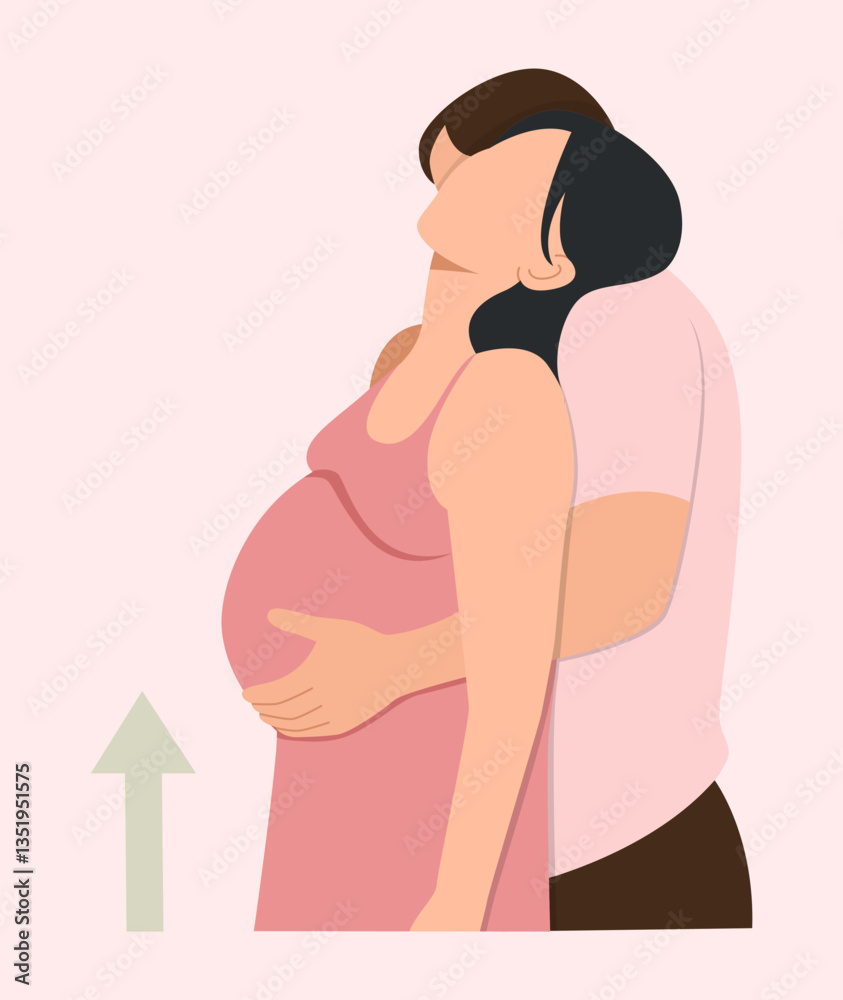The husband uses his hands to support his pregnant wife's belly to help reduce the feeling of heaviness. The husband uses his hands to support his pregnant wife's belly to help reduce the feeling of heaviness.
