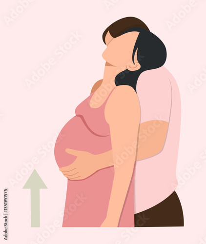 The husband uses his hands to support his pregnant wife's belly to help reduce the feeling of heaviness.