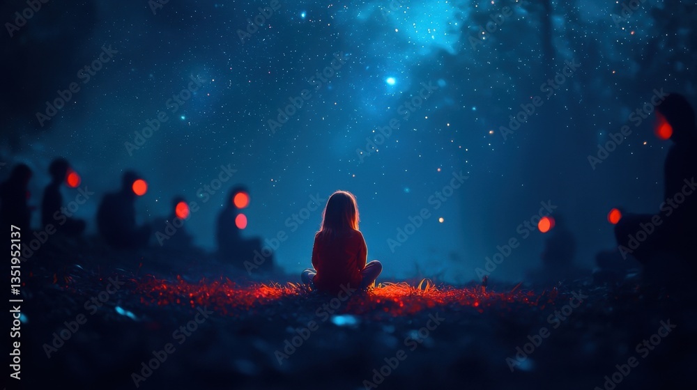 Ethereal Night Gathering of Children Surrounded by Mysterious Beings Under a Starry Sky with Glowing Orbs and Enigmatic Atmosphere in a Forest Ethereal Night Gathering of Children Surrounded by Mysterious Beings Under a Starry Sky with Glowing Orbs and Enigmatic Atmosphere in a Forest