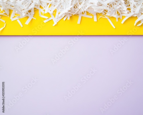 Shredded white paper at the top and bottom, with vibrant yellow paper placed in between, arranged on a muted lavender background