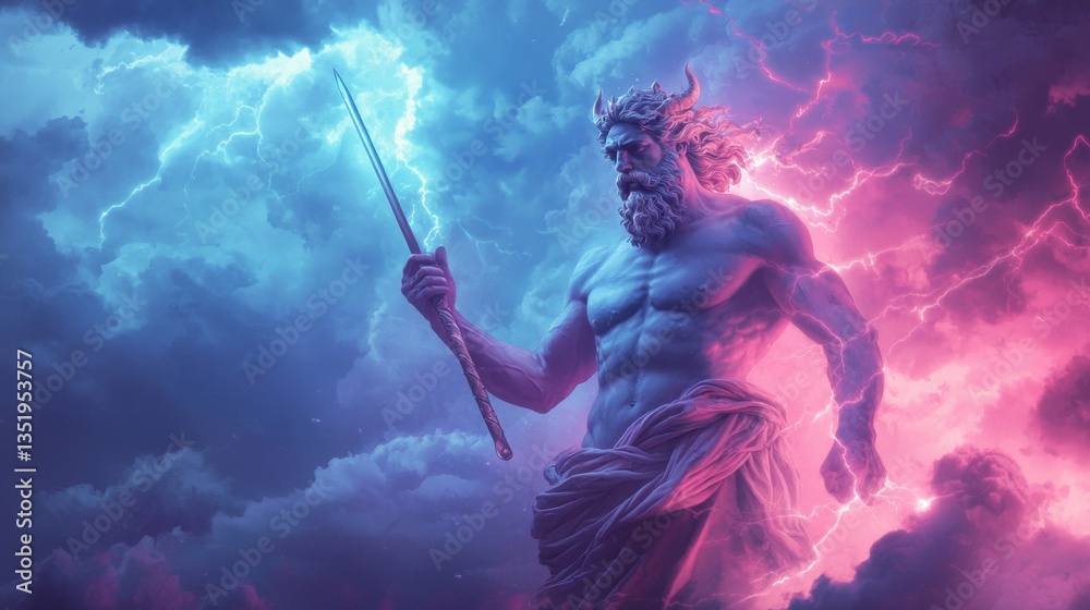 Obraz premium Powerful mythical figure with lightning in stormy sky representing strength, divinity, and awe in an atmospheric fantasy art depiction