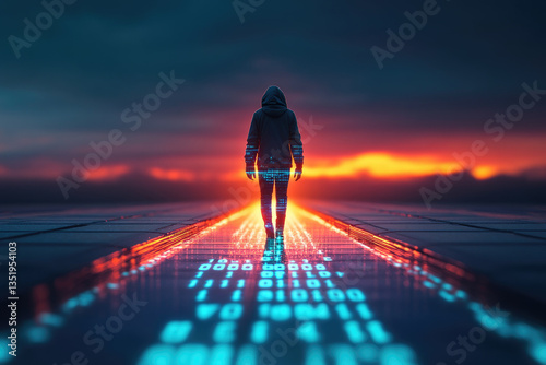 Person walking across a binary code road into a glowing horizon data security journey privacy symbol digital landscape futuristic viewpoint exploring data protection concepts