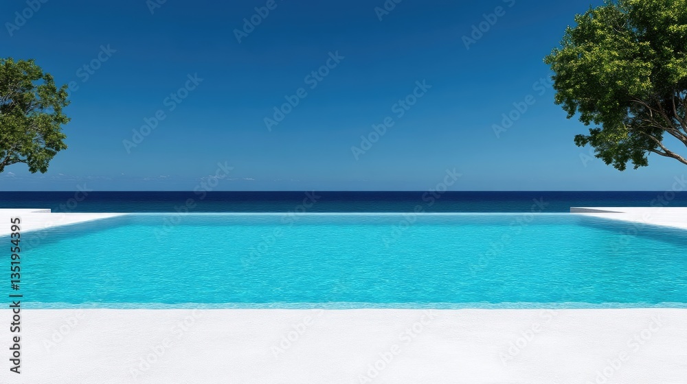 Fototapeta premium Pristine beachfront pool under a vibrant blue sky. Tranquil, modern design with lush trees