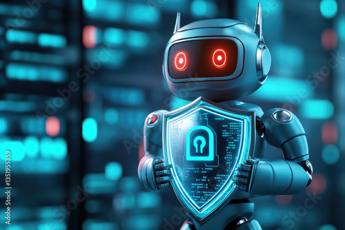 Privacy focused ai robot defending digital security futuristic city illustration cyber environment close-up view technology concept