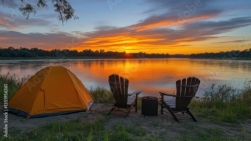 Two Adirondack chairs and an orange camping tent at sunrise by a calm river.