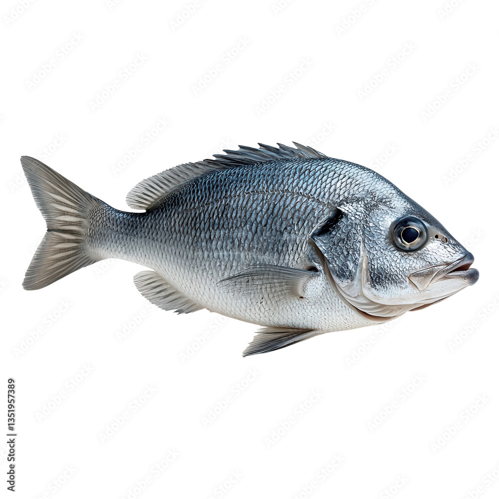 Obraz premium Freshwater Fish with Silvery Scales and Detailed Fin Structure, Isolated on White Background