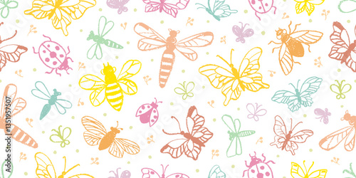 Butterfly seamless pattern. Cute floral spring vector background. Crayon butterfly, dragonfly, flower. Summer and spring watercolor seamless print. Cute pastel chalk design bg. Vintage insect pattern