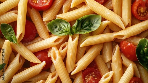 Close-up of cooked penne pasta with cherry tomatoes and fresh basil.