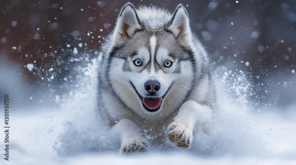 A dog is running through the snow with its tongue out and its eyes closed A dog is running through the snow with its tongue out and its eyes closed