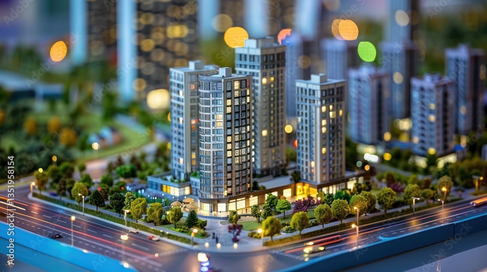 Obraz premium Miniature model of a mixed-use development featuring offices, retail spaces, and residential apartments.